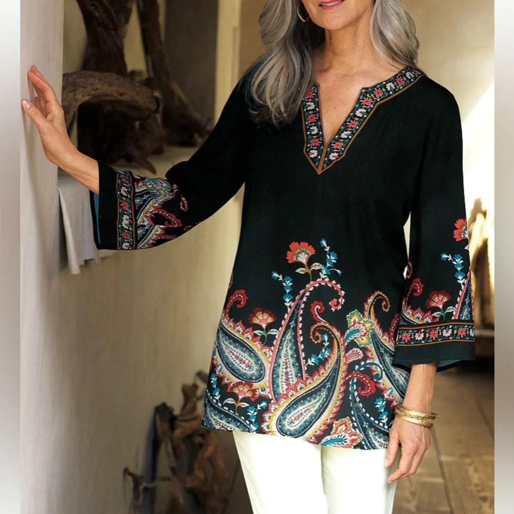 Soft Surroundings Elma 3/4 Sleeve Floral Paisley Top Size XL Bohemian Casual - Picture 2 of 13
